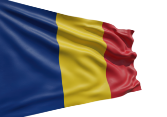 Waving flag of Romania isolated on white, national symbol of Romanian patriotism
