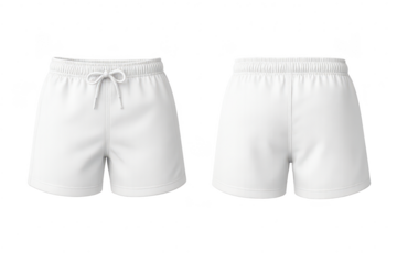 Front and back view of white sport shorts isolated on a transparent backdrop