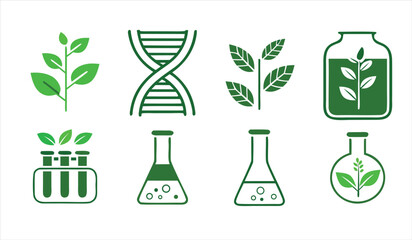 Plant Science and Green Biotechnology Vector Icon Set with DNA Helix and Laboratory Research Symbols for AgriTech
