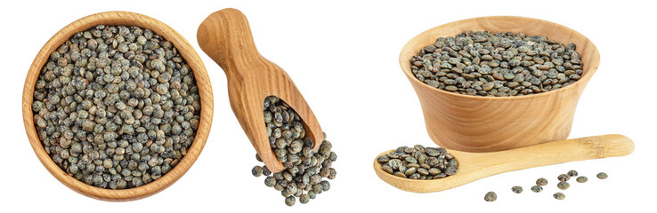 raw french green lentils in wooden bowl and scoop isolated on white background. Top view. Flat lay