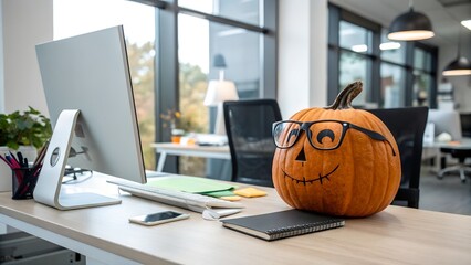 Halloween pumpkin wearing eyeglasses is sitting on a desk in a modern office with a computer and