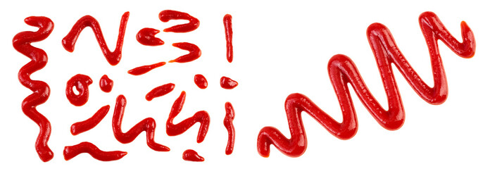 Red tomato sauce or ketchup isolated on white background. Top view. Flat lay. Set or collection