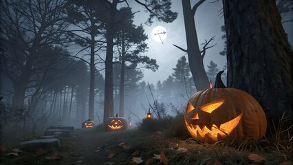 Halloween pumpkins in the forest at night. 3D rendering. Halloween background with Evil Pumpkin.