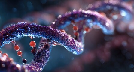 Close-up, artistic rendering of a DNA double helix, displaying detailed structure and color