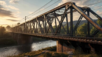Fototapeta premium A long steel railway bridge stretches over a river, landscape in soft golden light