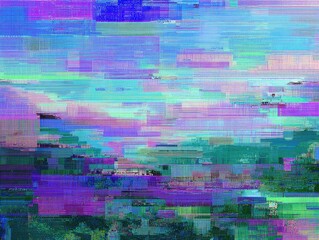 Digitally altered image, pixelated into horizontal layers with vibrant, glitchy colors