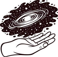 Open hand holding swirling galaxy and scattered stars in cosmic space illustration