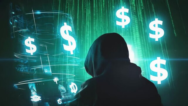 Hacker in Hoodie Analyzing Futuristic Data Interface with Cybersecurity Concept