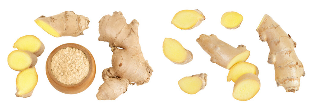 fresh ginger and ground ginger in wooden bowl spice isolated on white background. Top view. Flat lay - Powered by Adobe