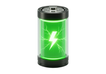 Green battery with lightning bolt isolated on transparent background, energy storage concept