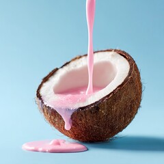 A halved coconut with pink liquid pouring into it and pooling on a blue background