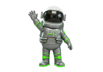 Cartoon astronaut waving isolated PNG, spaceman in silver suit with green accents on transparent background