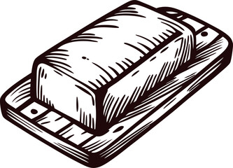 Hand drawn butter block on wooden tray engraved sketch illustration