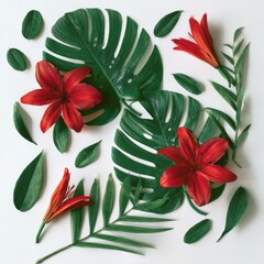 Vibrant floral arrangement, flat lay, showcasing tropical green leaves and bright red lilies