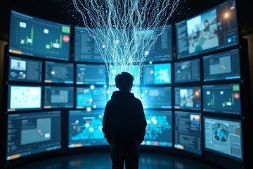 The Digital Mind: A Young Person Absorbing Information from Multiple Screens