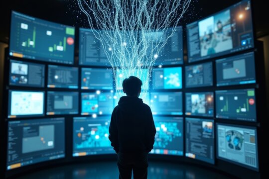 The Digital Mind: A Young Person Absorbing Information from Multiple Screens