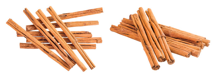 Cinnamon sticks isolated on white background with full depth of field. Top view. Flat lay.