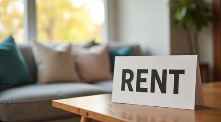 Sign rent on a table with a couch in the background