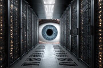 Large Modern Data Center Rack with Eye Imagery and Ambient Light Effects