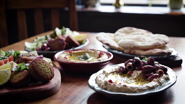 Delicious Middle Eastern Mezze Spread with Falafel and Hummus.