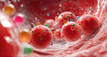 Close-up of microscopic spheres with various colored attachments flowing through a blood vessel