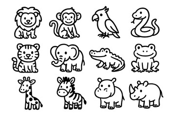 Cute animal outlines set featuring zoo and jungle creatures in adorable cartoony style