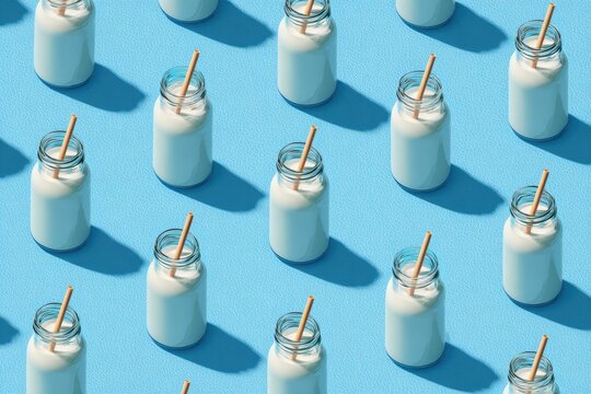 Patterned grid of small glass jars filled with white liquid, each with a straw, on blue