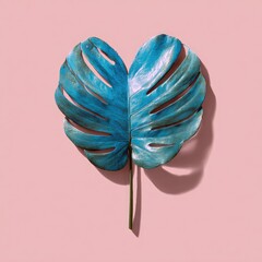 A split, teal-colored tropical leaf with a pink background, angled shadows, & central stem