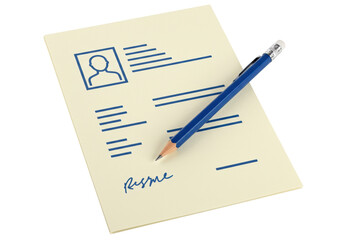 Resume with blue pencil isolated on transparent background, job application document