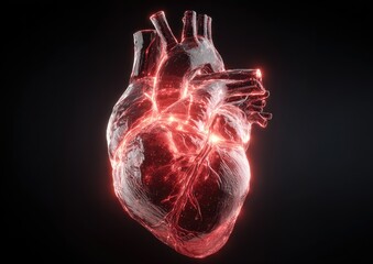 Rendered, glowing, translucent heart, with internal networks, over a dark background