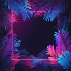 A vibrant neon-lit square frame surrounded by stylized, colorful palm fronds