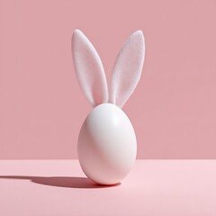 White egg with soft, upright bunny ears against a solid pink backdrop. Simple Easter scene