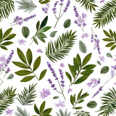 Floral pattern on white background with varied green leaves and delicate purple lavender