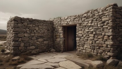 Ancient stone structure with open wooden door, weathered and blending with surroundings