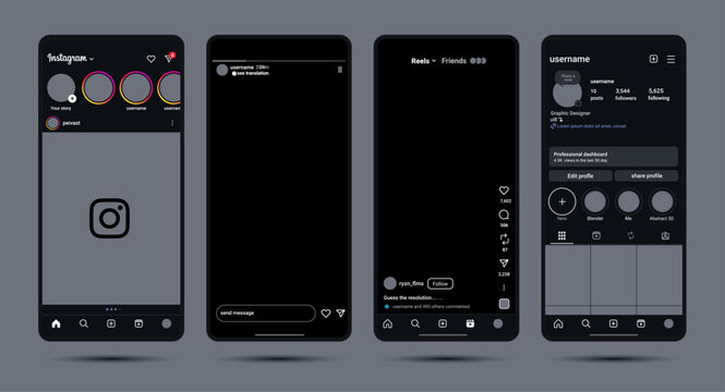 Instagram social network app UI mockup in dark mode. Carousel post template with photo frames, Instagram feed and web post mock up, mobile app interface design for social media.