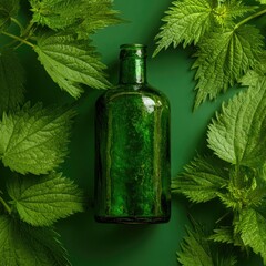Green bottle encircled by fresh green leaves, set against a vibrant, dark green background