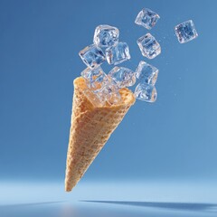 Ice cubes seemingly spilling from a waffle cone, against a blue background