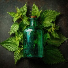 Green glass bottle with a cork stopper surrounded by fresh green leafy branches