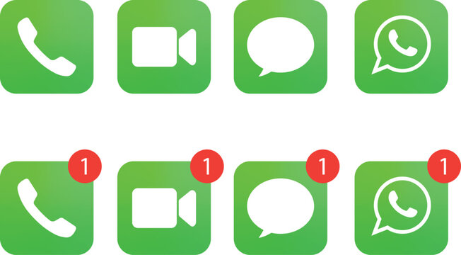Phone, Messages, FaceTime App Icons with Notification Badges.  Set of iOS Interface vectors on a transparent background.