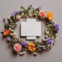 A floral wreath surrounds a blank, white rectangular card, arranged on a neutral background