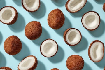 Pattern of halved and whole coconuts with shadows, on a bright blue background