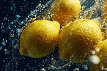 Fresh lemons falling into water for a juice or fruit commercial