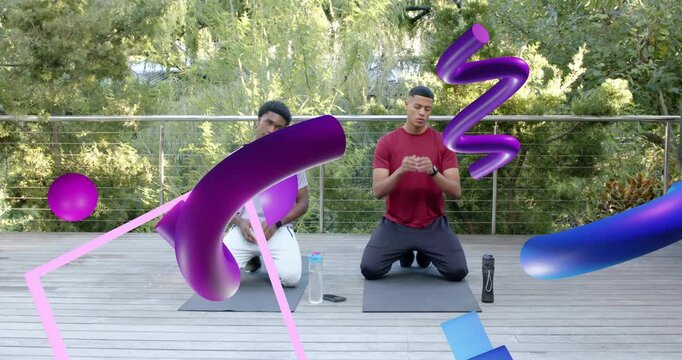 Friends kneeling on deck releasing prayer pose and stretching neck for warm-up with animated arrows