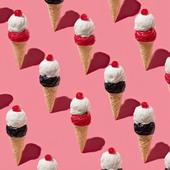 Repeated pattern of ice cream cones with tri-colored scoops and cherry on top, on a pink backdrop