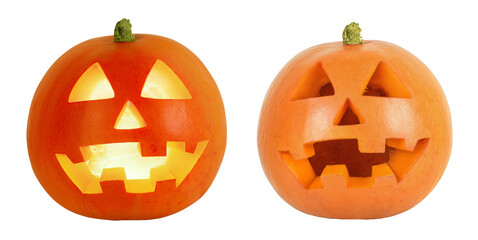 Funny Jack O Lantern halloween pumpkin with candle light inside isolated on white background