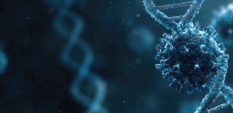 Rendered image depicts a microscopic view of a virus interacting with a DNA double helix - Powered by Adobe
