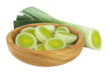 sliced Leek vegetable in wooden bowl isolated on white background with full depth of field