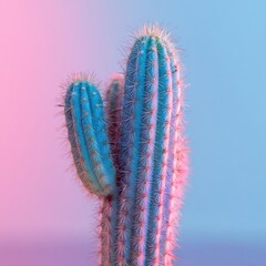 Close-up of a tall cactus with sharp spines, set against a gradient pink and blue background