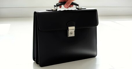 Elegant black leather briefcase resting on a polished floor, ideal for professionals