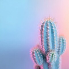 Close-up of a cactus with sharp spines against a soft, pastel gradient background